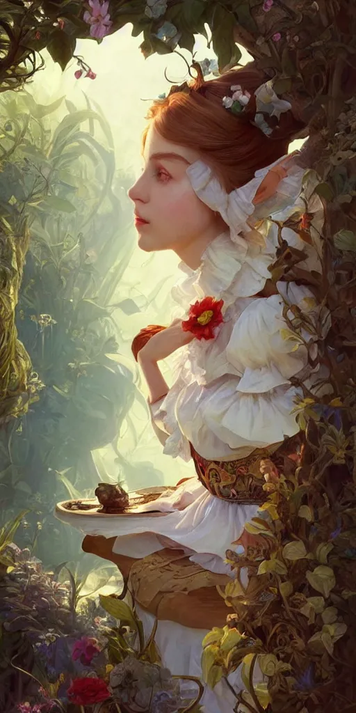 Image similar to alice in wonderland, intricate, highly detailed, digital painting, artstation, concept art, smooth, sharp focus, illustration, Unreal Engine 5, 8K, art by artgerm and greg rutkowski and alphonse mucha