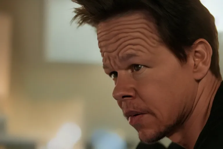 Image similar to mark wahlberg as matt daemon, all faces are distorted contorted, shock, repulsion, disgust, frustration, annoyance, laughter, smirk, snicker, cinematic still, movie still, long lens, shallow depth of field, bokeh, anamorphic lens flare, 8 k