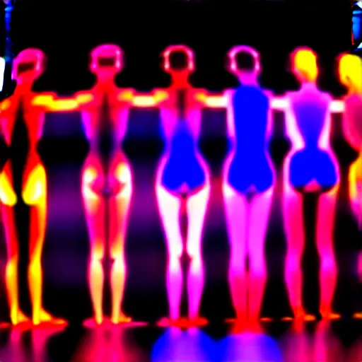 Image similar to diverse groups of humans with glowing electronic body implants projecting amazing images collectively, from behind, rebirth, beauty, wide angle, elaborate, wet, highly detailed, colors, beautiful lighting