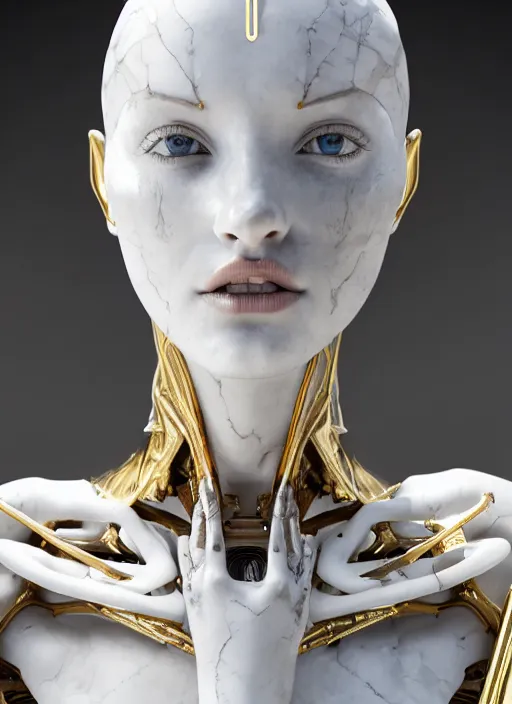 Image similar to a statue made of white marble with gold veins, of an beautiful gorgeous futuristic cybernetic angel girl, prostheses, transhumanism, full body shot, perfect symmetrical body, perfect symmetrical face, hyper realistic, hyper detailed, by johannen voss, by peter kemp, by monia merlo, by michelangelo, octane render, blender, 8 k