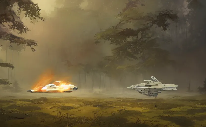 Prompt: one single fighter design spaceship on fire crashed on the ground, on the ground, smoke, smoke, cloudy air, forest, swamp. Atmospheric lighting, overgrowth. By Makoto Shinkai, Stanley Artgerm Lau, WLOP, Rossdraws, James Jean, Andrei Riabovitchev, Marc Simonetti, krenz cushart, Sakimichan, trending on ArtStation, digital art.