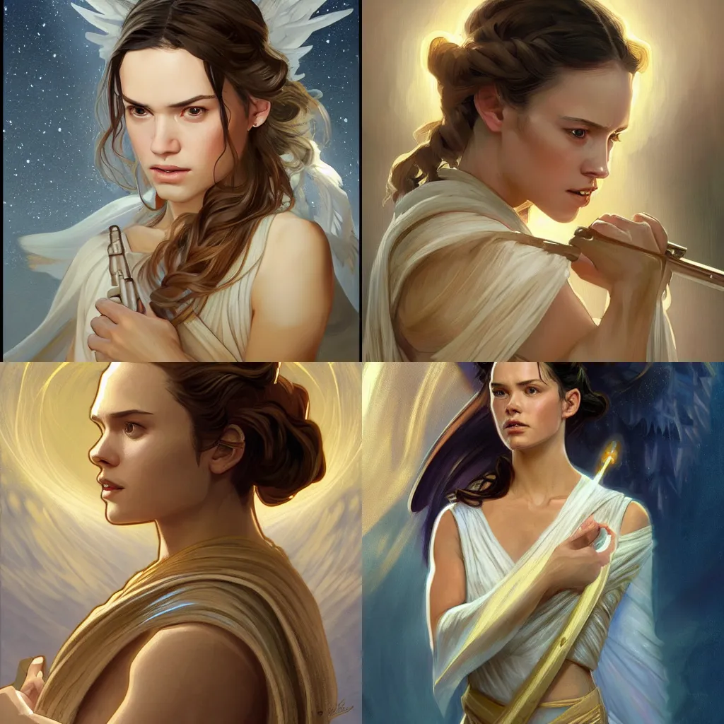 Prompt: rey from star wars as an angel, digital portrait, high quality brushstrokes and ethereal lighting, flowing hair, beige and gold tones, alphonse mucha, diego fernandez, Janice Sung, artstation, deviantart, pixiv