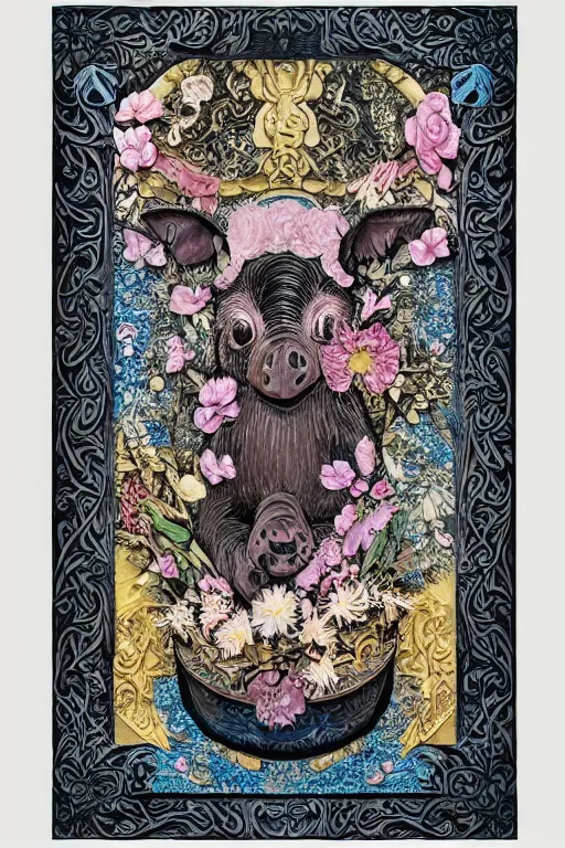 Prompt: Painted dark-wood panel relief carving of a Flowerpunk Piglet, White and pale blue toned, ornate border frame, explosion of colorful flowers, dark wood, intricately carved, black ink, festival of rich colors, intricate details, cinematic lighting, volumetric lighting, post-processing, art nouveau, tarot, fractal art, mandala, by andreas rocha and john howe, and Martin Johnson Heade, featured on artstation, featured on behance, golden ratio, hyper detailed, photorealistic, epic composition, center spotlight, f32, well composed, symmetrical, UE5, 8k