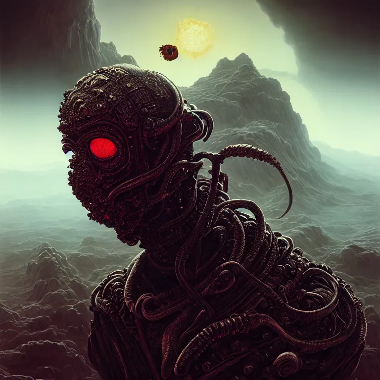 Image similar to portrait of beautiful man wearing black ribbed scorpio as mask, wastelands on exoplanet, baroque painting, beautiful intricate insanely detailed octane render, artstation, 8 k artistic harsh flash photography, photorealistic, volumetric perfect light, chiaroscuro, raphael, caravaggio, beksinski, rutkowski, giger