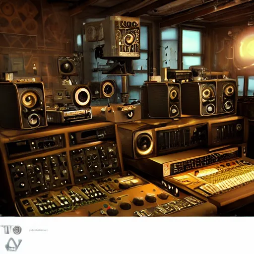 Image similar to steam punk music studio full of mixers, speakers and old electronic music machines and cables, artstation, unreal engine, voluminous lighting