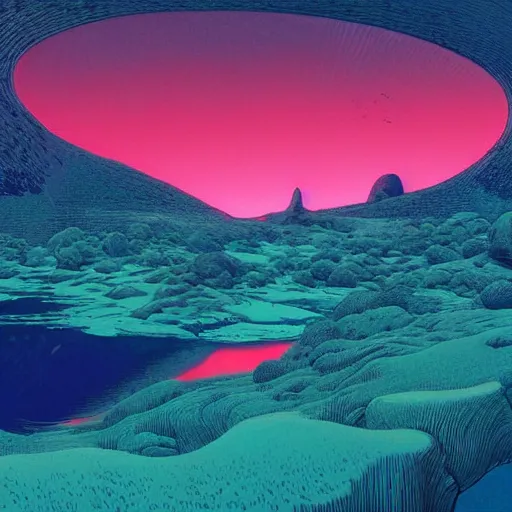 Prompt: A beautiful landscape, by Moebius and Beeple, chromostereopsis