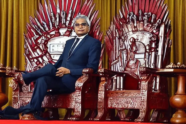 Prompt: Ranil Wickramasinghe sitting on the iron throne, closeup photograph, wearing a suit