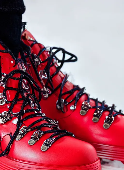 Prompt: hyperrealistic and heavy detailed moncler boots of whole lotta red by playboi carti, leica sl 2 5 0 mm, vivid color, high quality, high textured, real life