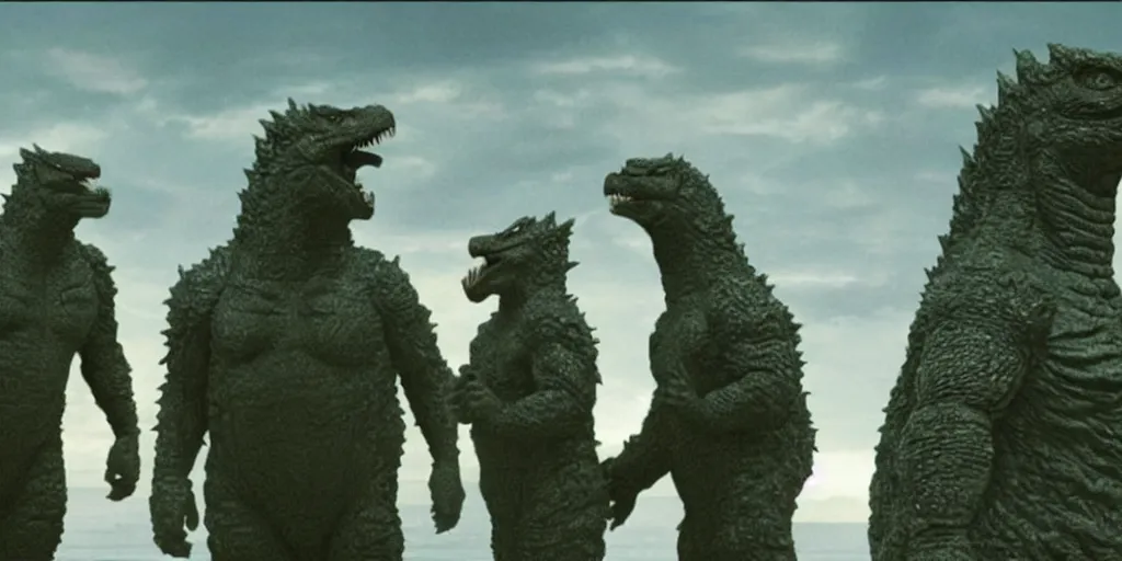 Image similar to movie still from godzilla derp, stupid godzilla, goofy and weird, uncomfortable, idiot godzilla