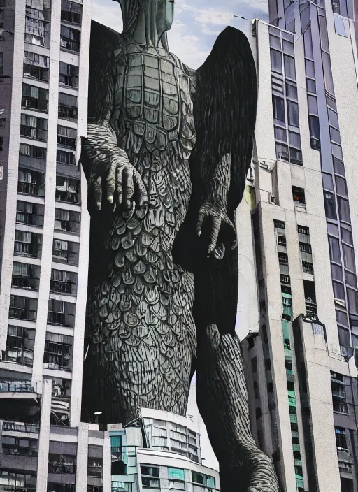 Image similar to giant monster walking between buildings, and it has the face of the statue of liberty