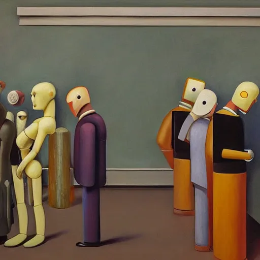 Prompt: robots queue up for eye scanner, grant wood, pj crook, edward hopper, oil on canvas