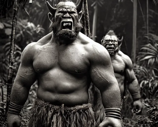 Image similar to hyper realistic group vintage photograph of a live action warcraft orc warrior tribe in the jungle, tall, hulk like physique, detailed faces, tribal paint, tribal armor, grain, old, monochrome, sepia toned, realistic lighting, wide angle