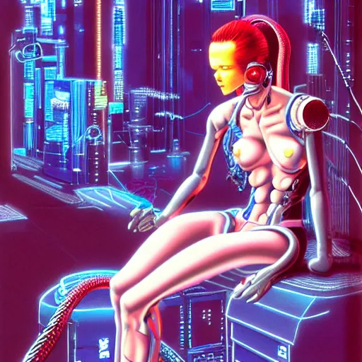 Image similar to a detailed airbrush cyberpunk illustration of a female android seated on the floor in a tech labor, seen from the side with her body open showing cables and wires coming out, by masamune shirow, hajime sorayama, boris vallejo and katsuhiro otomo, japan, 1980s, dark, colorful