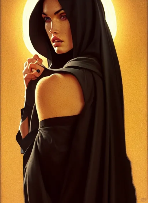 Image similar to portrait of megan fox as a sultry nun, catholic, church, bible, christian, intricate, headshot, highly detailed, digital painting, artstation, concept art, sharp focus, cinematic lighting, illustration, art by artgerm and greg rutkowski, alphonse mucha, cgsociety