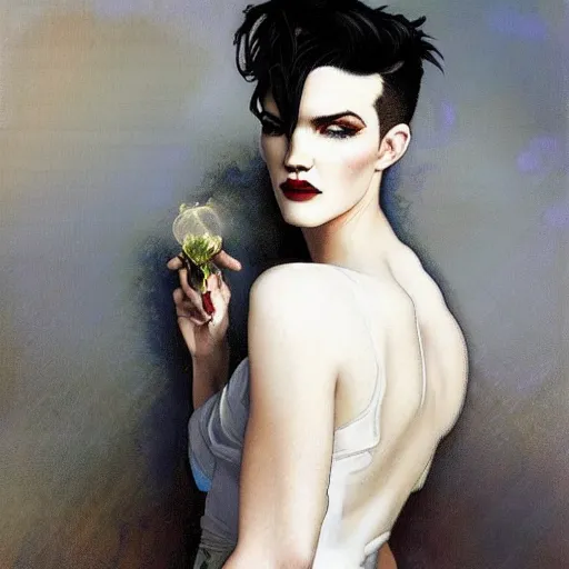 Image similar to beautiful portrait of androgynous ruby rose as desire from sandman in a white tuxedo!!!, rockabilly style, by alphonse mucha, cedric peyravernay, by jeremy mann, by frank moth, white suit and black tie, double picture, soft lightning, high detailed, 8 k