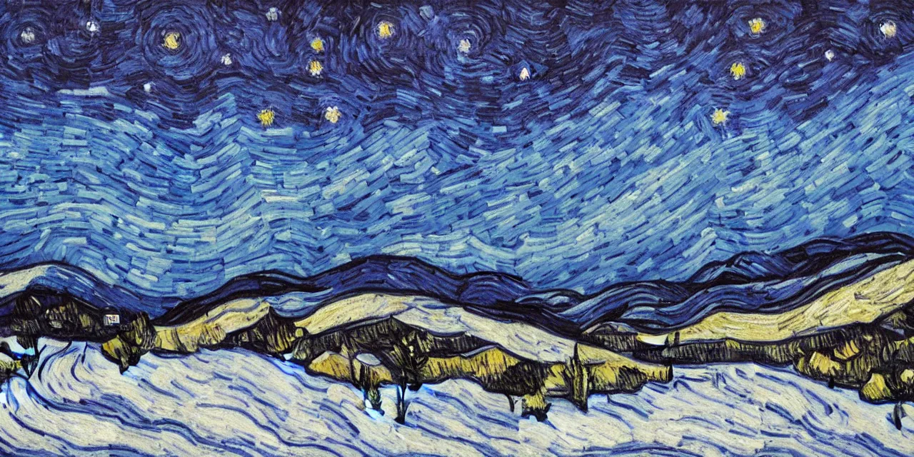 Prompt: thick impasto textured monochrome oil painting of the laurentian appalachian mountains in winter by vincent van gogh, unique, original and creative landscape, snowy night, distant town lights, aurora borealis, deers and ravens, footsteps in the snow, brilliant composition