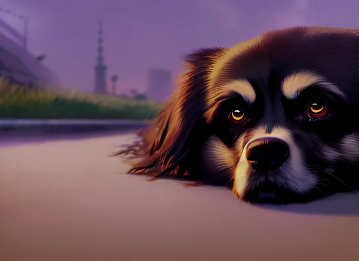 Image similar to a wholesome animation key shot of a black tibetan spaniel, laying down, sad, on a wet tokyo street, studio ghibli, pixar and disney animation, sharp, rendered in unreal engine 5, anime key art by greg rutkowski, bloom, dramatic lighting