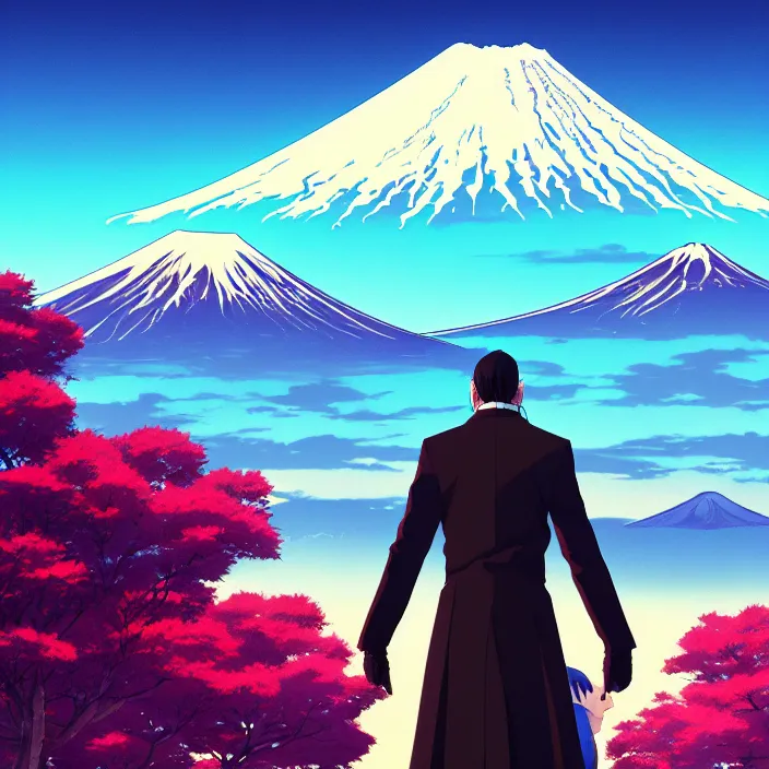 Image similar to portrait of the undertaker, mount fuji background, rich vivid colors, ambient lighting, dynamic lighting, 4 k, hq, official media, anime key visual, makoto shinkai, ilya kuvshinov, lois van baarle, rossdraws, detailed, trending on artstation