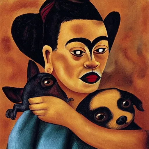 Prompt: a woman and her black and brown chihuahua by frida kahlo