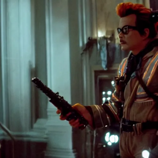 Image similar to stunning awe inspiring johnny depp as a ghostbuster in the movie ghostbusters, movie still 8 k hdr atmospheric lighting
