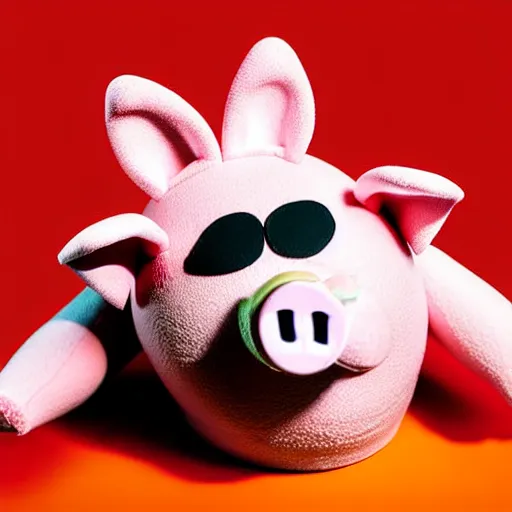 Image similar to studio photograph of a pig wearing a football helmet depicted as a muppet