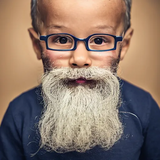 Prompt: a 4 year old boy with a grey natural beard, real natural mustache, old wrinkly skin, young kid, 4 years old, very young, portrait photo, head shot, bokeh