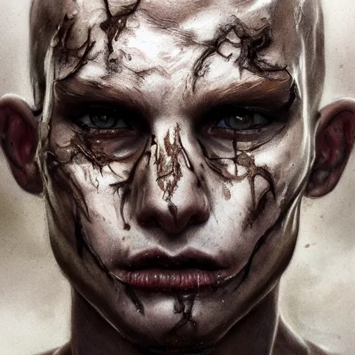 Image similar to portrait painting of young man with severe burn scars on his face and poorly shaved hair wearing tattered light armor, ultra realistic, concept art, intricate details, eerie, highly detailed, photorealistic, octane render, 8 k, unreal engine. art by artgerm and greg rutkowski and charlie bowater and magali villeneuve and alphonse mucha