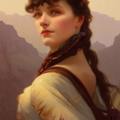 Prompt: a beautiful closeup portrait of a young vivian leigh, mountain background, serene colors, dramatic light, gorgeous view, depth, high detail, digital art, painted by alphonse mucha and greg rutkowski, trending on artstation