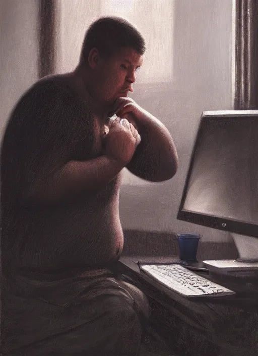Image similar to insanely detailed chiaroscuro image of a exhausted - looking slightly fat casually - dressed programmer guy on his knees facing his glowing ultrawide computer monitor monitor begging it for forgiveness, oil on canvas, masterwork, fine detail, trending on artstation, emotive, insanely compelling, ryden, koons, moebius