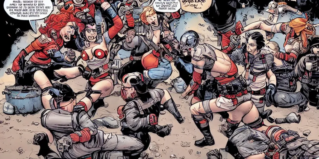 Prompt: Keystone cops fighting Harley Quinn. Epic painting by James Gurney and Laurie Greasley.