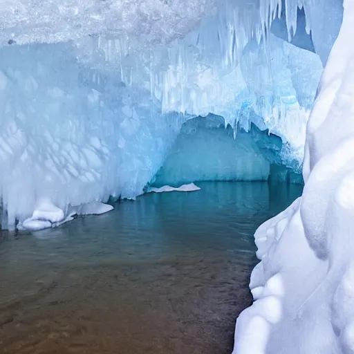 Image similar to narrow ice cave with low ceiling and narrow rough river running through it, surreal,