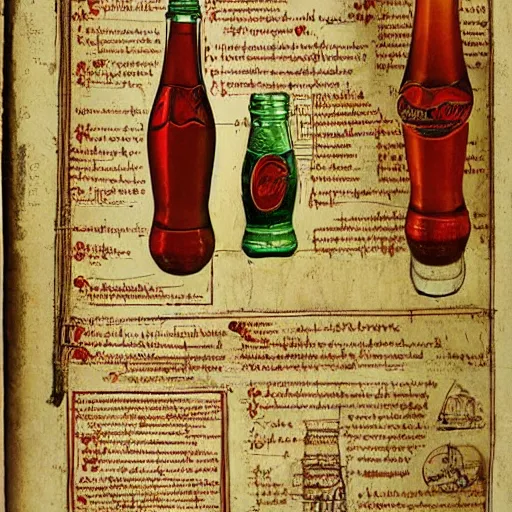 Prompt: “Illustrated diagram of a Coke-a-cola bottle on parchment by Leonardo da Vinci, hyper realistic, high details, infographic, embellishments, illuminations”