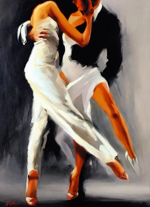 Prompt: sensual tango dancerin in white dress, painting by phil hale, fransico goya,'action lines '!!!, graphic style, visible brushstrokes, motion blur, blurry, visible paint texture, crisp hd image