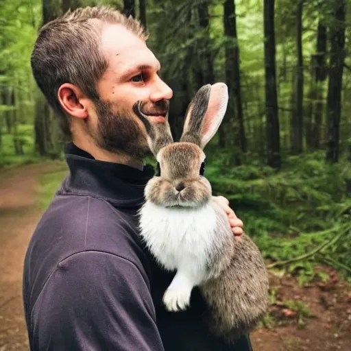 Image similar to photo of a man holding a mirror in a forest with a bunny on his shoulder