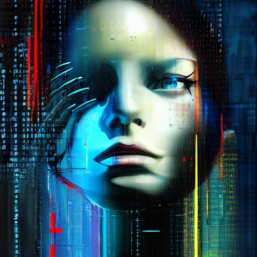 Image similar to hyperrealistic portrait of a cyberpunk woman, digital ui, by Guy Denning, Johannes Itten, Russ Mills, glitch art, hacking effects, glitch effects, digitial tech effects, cybernetics, chromatic, color blocking!, oil on canvas, concept art, abstract