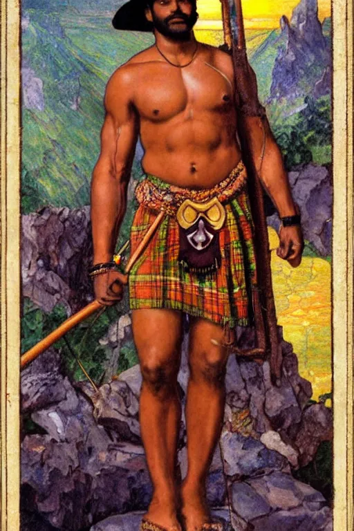 Prompt: a homoerotic symmetrical tarot card of a muscular shirtless dark skin south indian mountaineer on a mountain peak holding a wooden staff. he is wearing a highland tartan kilt, cowboy hat, and boots. background is a golden sunrise stained glass. art deco, art nouveau. by raja ravi varma, by louis comfort tiffany, by albert bierstadt. trending on artstation.