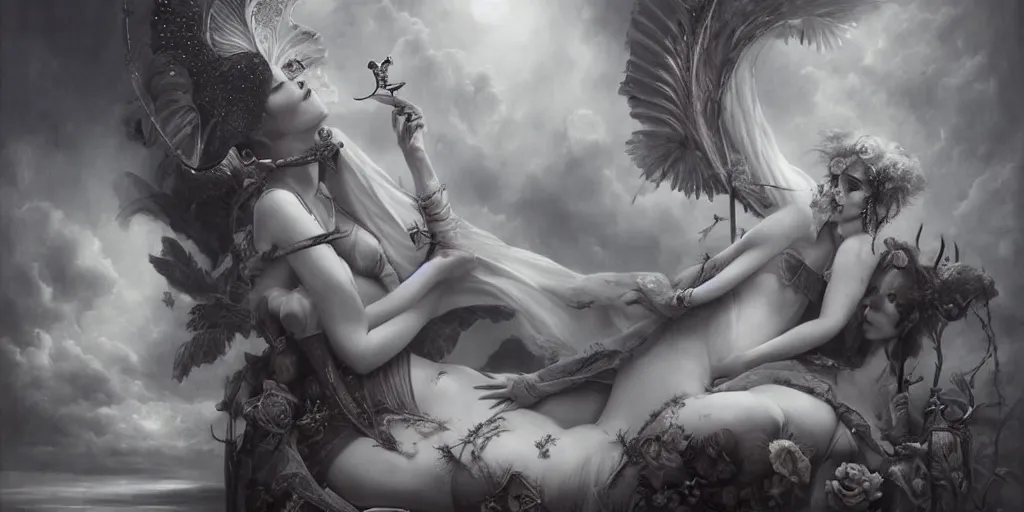 Prompt: By Tom Bagshaw, ultra realist soft painting of curiosities carnival by night, very beautiful horn single female gothic wearing corset sleeping on a overlord of the dead bed, partial symmetry features, very intricate details, omnious sky, black and white, volumetric light clouds
