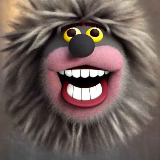 Image similar to a still of a forgotten muppet character looking very manly and modern, hilarious, laughing, hairy chest, huge chin, manly monster tough guy, roughled fur, photo real, photographic, photograph, artstation, trending, featured