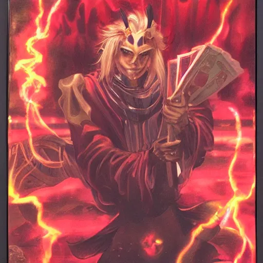 Prompt: a charismatic solid gold demon in a fantasy gambling den, red mist surrounding, studio gibli