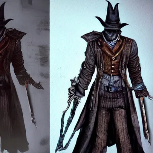 Image similar to a full body painting of johnny depp as a bloodborne character