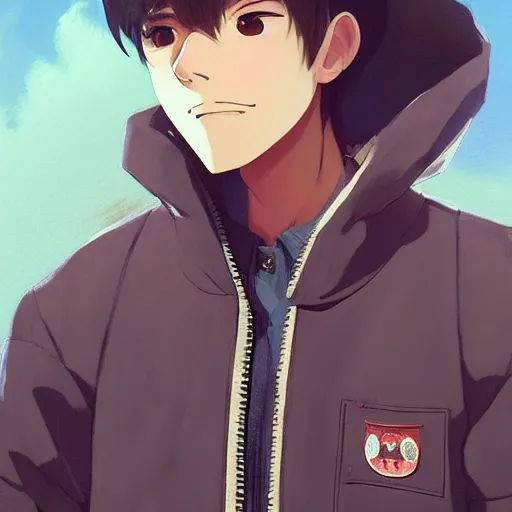 Image similar to a handsome young man! model, wearing ma - 1 flight suit jacket and overalls, bulky poofy bomber jacket with mayan patterns, trending on pixiv fanbox, painted by greg rutkowski makoto shinkai takashi takeuchi studio ghibli, akihiko yoshida