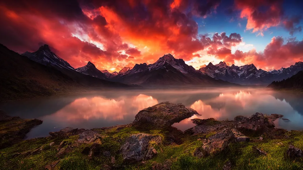 Image similar to amazing landscape photo of mountains with lake in sunset by marc adamus, beautiful dramatic lighting