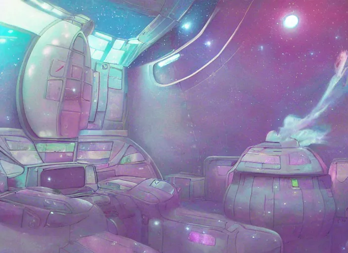Prompt: faster than light travel, interior of this cute pastel fluffly spaceship, cluttered panels intricate electronics painterly impression of this glowing impasto trending on pixiv scene, interesting glowing fuzzy unclear where am i inside spaceship interior