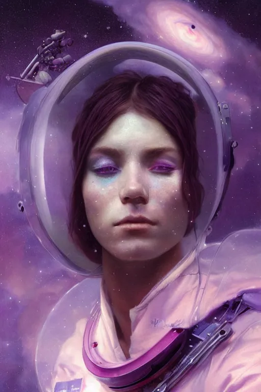 Image similar to A mystical mesmerizing 8k hyperrealistic Photo Portrait of an astronaut transforming into a purple haze, soft, sharp focus, detailed, art by Greg Rutkowski and artgerm and Alphonse Mucha