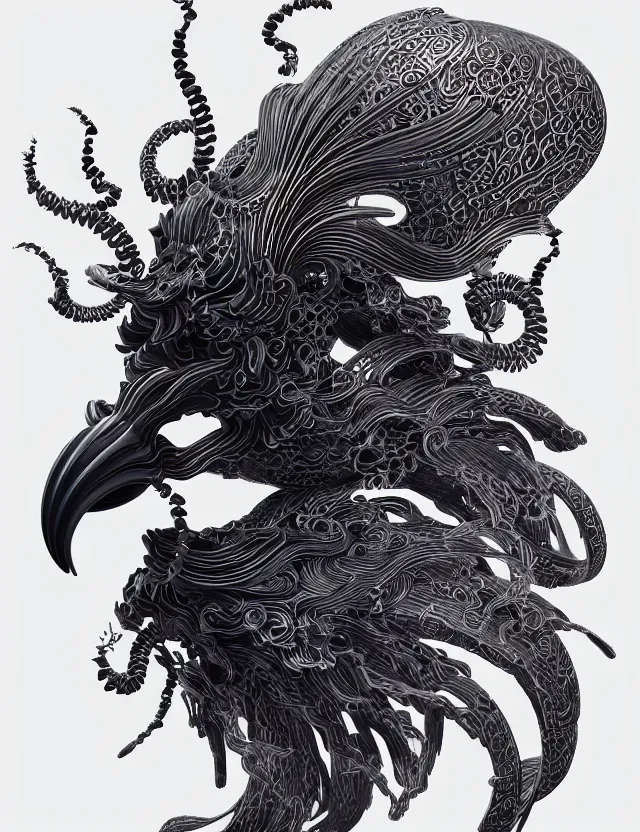 Image similar to 3 d abstract ornament. ram skull. beautiful intricately detailed japanese crow kitsune mask and clasical japanese kimono. betta fish, jellyfish phoenix, bio luminescent, plasma, ice, water, wind, creature, artwork by tooth wu and wlop and beeple and greg rutkowski