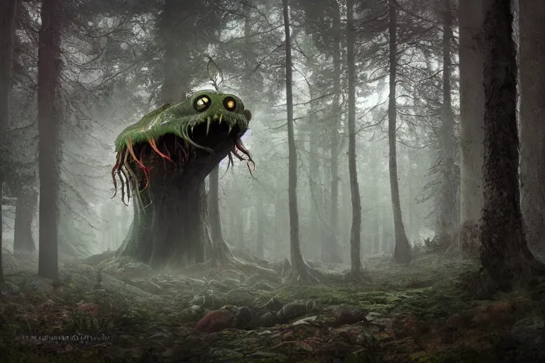 Prompt: eldritch monster in a swedish forest, very low angle photograph, very detailed, trending on artstation, realistic, soft colors, simon stålenhag, lovecraft, horror