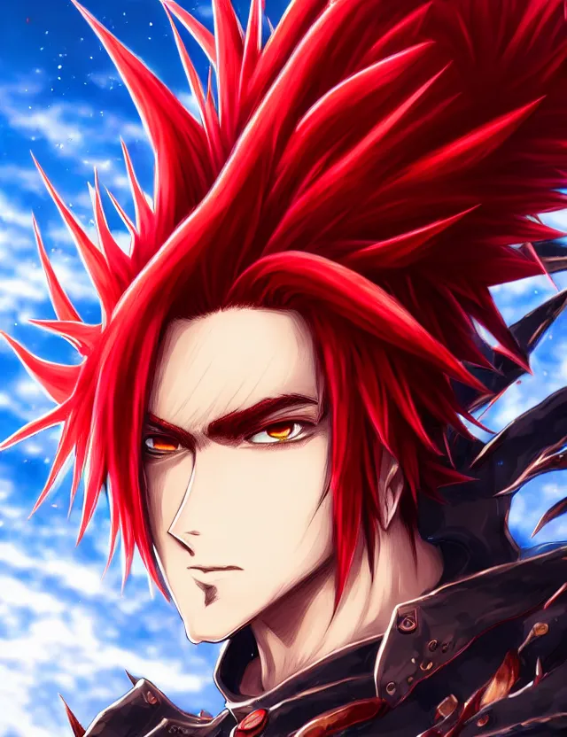 Image similar to a detailed manga portrait of a handsome tall man with spiked crimson hair in fiery crimson crystalline armour, trending on artstation, digital art, 4 k resolution, detailed, high quality, sharp focus, hq artwork, coherent, insane detail, character portrait