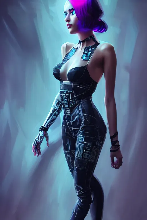Image similar to full body photo of a gorgeous young woman wearing a cyberpunk dress in the style of stefan kostic, realistic, sharp focus, 8k high definition, insanely detailed, intricate, elegant, art by stanley lau and artgerm