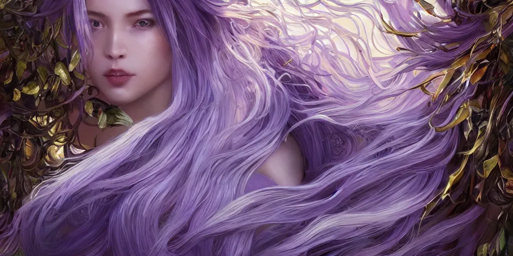 Image similar to wide angle, opulescent purple panther, metallic silver and ice color reflected crystal hair, leaping from babaob tree, fantasy, intricate, very beautiful, elegant, golden light, highly detailed, digital painting, artstation, concept art, smooth, sharp focus, unreal engine, art by wlop and tian zi and alphonse mucha