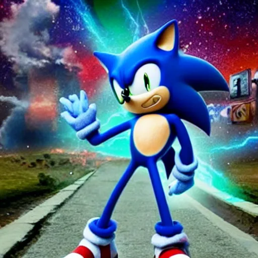 Prompt: Sonic having a mental breakdown as the universe collapses in on itself around him